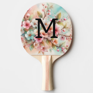 Floral watercolor monogram pink cherry blossoms  ping pong paddle