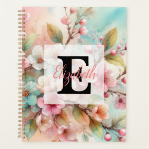 Floral watercolor monogram pink cherry blossoms  planner