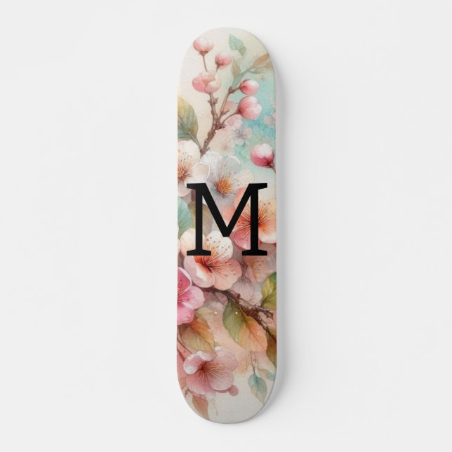 Floral watercolor monogram pink cherry blossoms  skateboard (Front)
