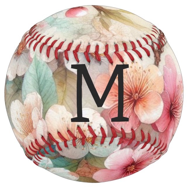 Floral watercolor monogram pink cherry blossoms  softball (Front)