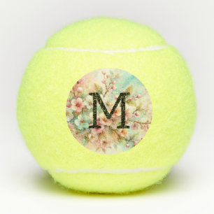 Floral watercolor monogram pink cherry blossoms  tennis balls