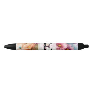 Floral watercolor monogram pink daisies flowers  black ink pen