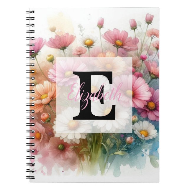 Floral watercolor monogram pink daisies flowers  notebook (Front)