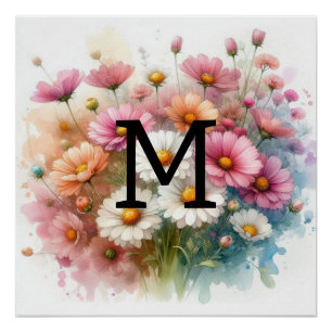 Floral watercolor monogram pink daisies flowers  poster