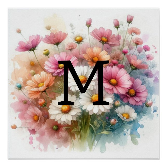 Floral watercolor monogram pink daisies flowers  poster (Front)
