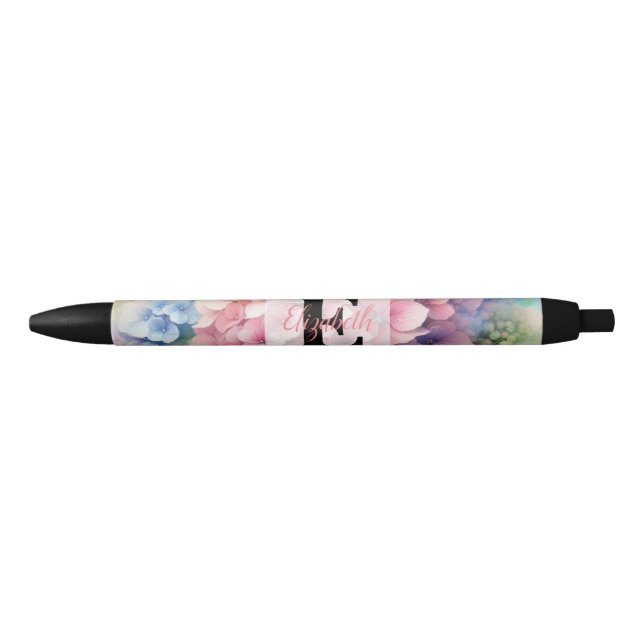 Floral watercolor monogram pink hydrangea  black ink pen (Front)