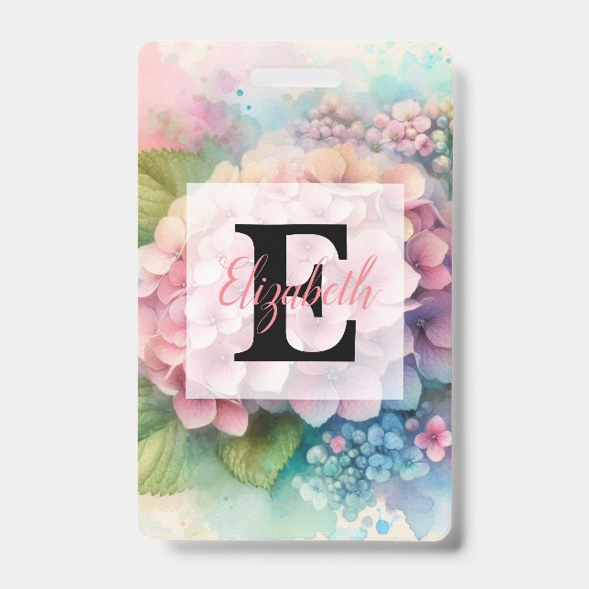 Floral watercolor monogram pink hydrangea  ID badge (Front)