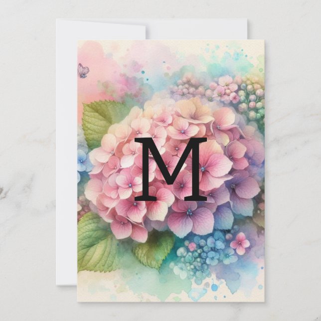 Floral watercolor monogram pink hydrangea  invitation (Front)
