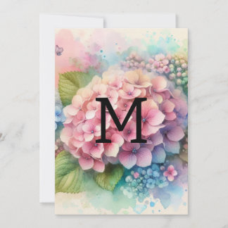 Floral watercolor monogram pink hydrangea invitation
