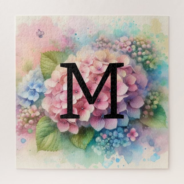 Floral watercolor monogram pink hydrangea  jigsaw puzzle (Vertical)