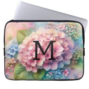 Floral watercolor monogram pink hydrangea laptop sleeve