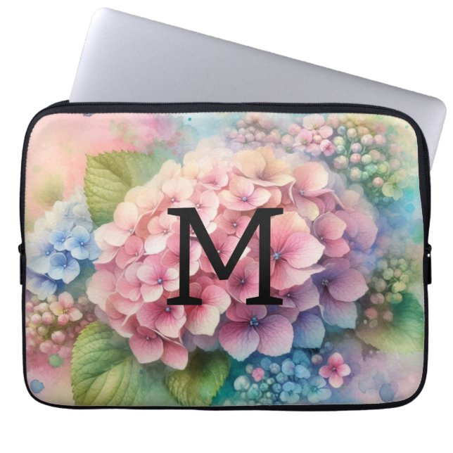 Floral watercolor monogram pink hydrangea  laptop sleeve (Front)