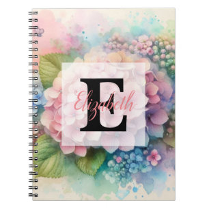 Floral watercolor monogram pink hydrangea notebook