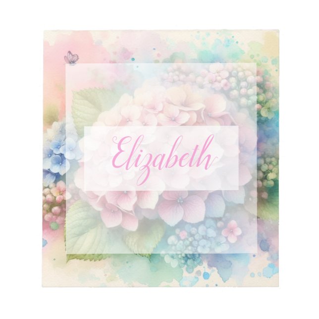 Floral watercolor monogram pink hydrangea  notepad (Front)
