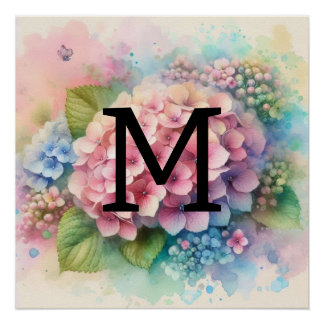 Floral watercolor monogram pink hydrangea  poster