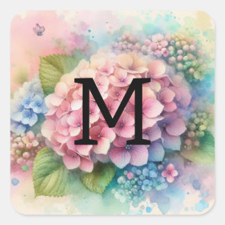 Floral watercolor monogram pink hydrangea  square sticker