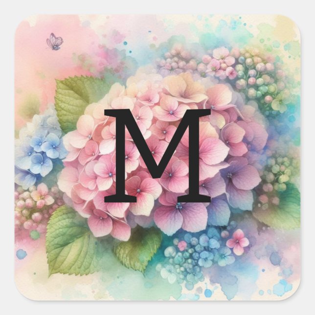 Floral watercolor monogram pink hydrangea  square sticker (Front)