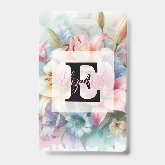 Floral watercolor monogram pink lilies flowers  ID badge (Front)