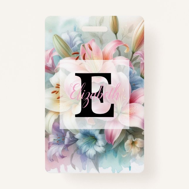 Floral watercolor monogram pink lilies flowers  ID badge (Front)
