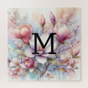 Floral watercolor monogram pink magnolia flowers  jigsaw puzzle