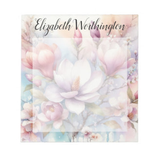 Floral watercolor monogram pink magnolia flowers  notepad