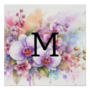 Floral watercolor monogram pink orchid flowers poster