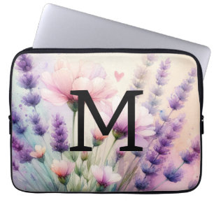 Floral watercolor monogram pink purple lavender laptop sleeve