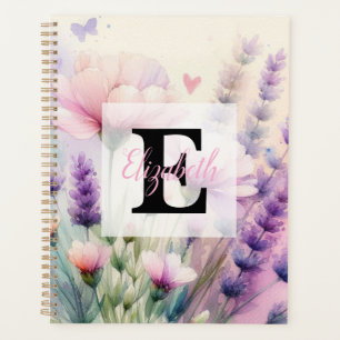 Floral watercolor monogram pink purple lavender planner