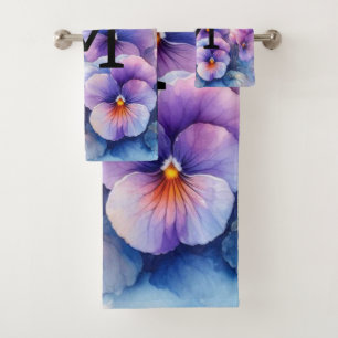 Floral watercolor monogram pink purple pansies bath towel set