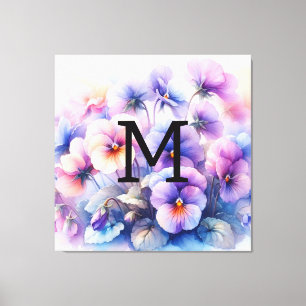 Floral watercolor monogram pink purple pansies  canvas print