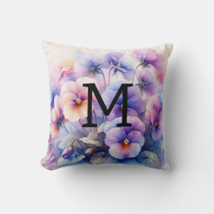 Floral watercolor monogram pink purple pansies  cushion