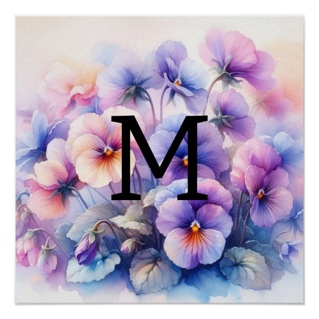 Floral watercolor monogram pink purple pansies  poster (Front)