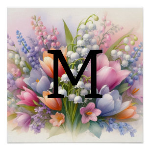 Floral watercolor monogram pink purple tulips  poster