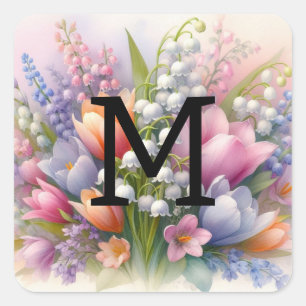 Floral watercolor monogram pink purple tulips  square sticker