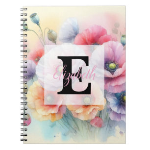 Floral watercolor monogram pink red poppy flowers notebook