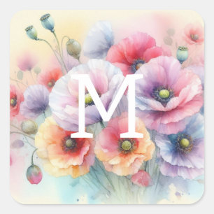 Floral watercolor monogram pink red poppy flowers square sticker