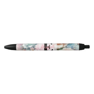 Floral watercolor monogram pink roses flowers black ink pen