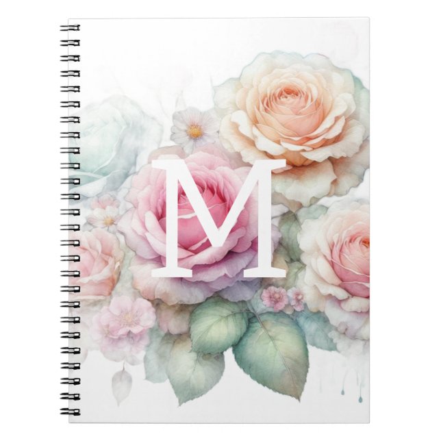 Floral watercolor monogram pink roses flowers  notebook (Front)