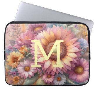 Floral watercolor monogram pink yellow sunflower laptop sleeve