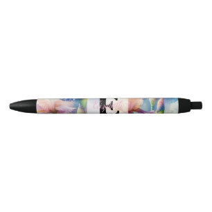 Floral watercolor monogram purple iris flowers black ink pen