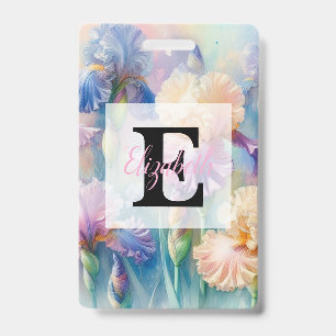 Floral watercolor monogram purple iris flowers ID badge