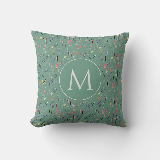 Floral Watercolor MONOGRAM Teal Green Cushion (Front)