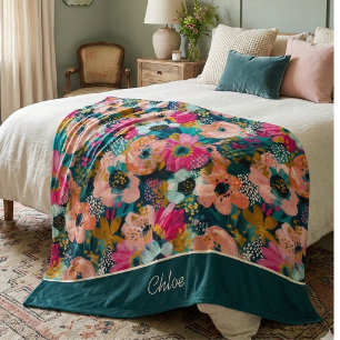 Floral Watercolor Name  Fleece Blanket
