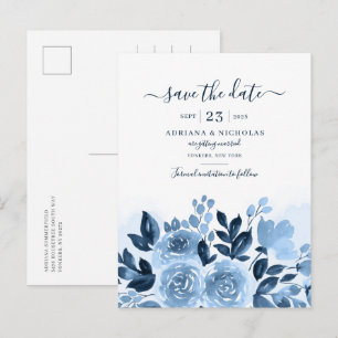 Floral Watercolor Navy Blue Save The Date Announcement Postcard