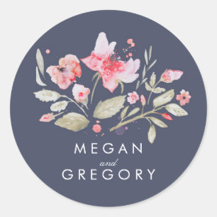 Floral Watercolor Navy Pink Wedding Classic Round Sticker