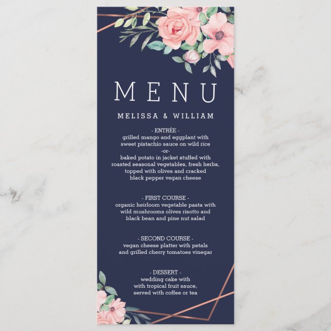 Floral Watercolor Navy Wedding Menu (Front)