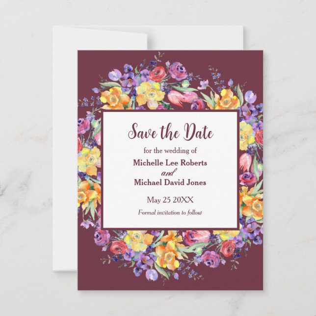 Floral Watercolor on Burgundy Save the Date Announcement (Front)