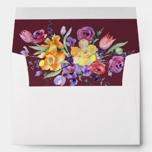 Floral Watercolor on Burgundy with Return Address Envelope