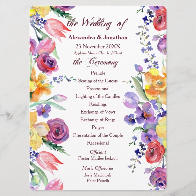 Floral Watercolor on White Flat Wedding Program Programme (Front)