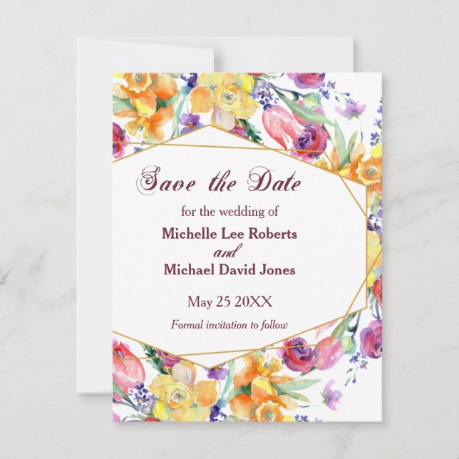 Floral Watercolor on White Save the Date Announcement (Front)
